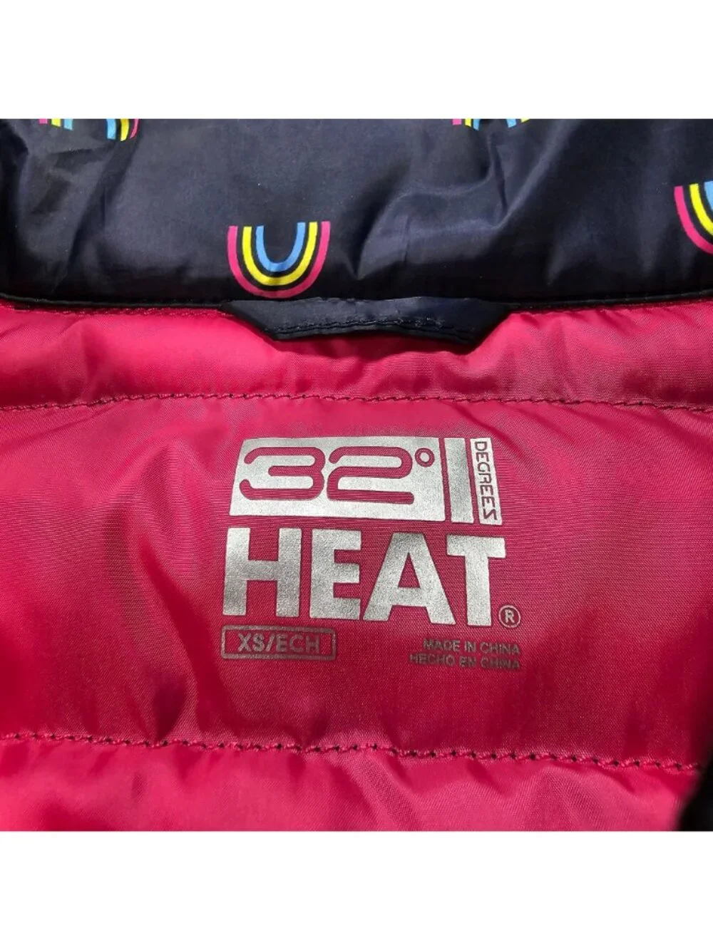 32 Degrees Heat Sleeveless Puffer Vest Girls Size XS Blue w/ Rainbow Print
